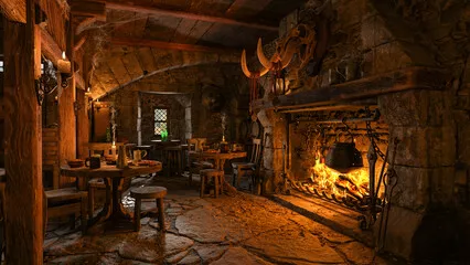 Fototapeta Medieval Tavern Ambiance: Cozy Hearth and Rustic Charm