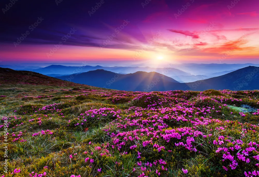 Obraz górski krajobraz o zachodzie słońca