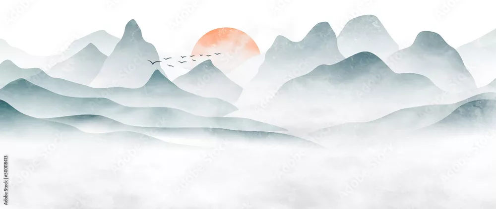 Fototapeta Minimalistyczne tło sztuki krajobrazowej z górami i wzgórzami w niebiesko -zielonych kolorach. Streszczenie baner w stylu orientalnym z akwarelą teksturą do wystroju, druku, tapety
