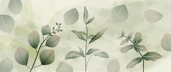 Fototapeta Streszczenie tło wektor botaniczny. Tapeta z roślinami tropikalnymi z liśćmi, gałęziami drzew i liśćmi w ręcznie rysowanym wzorze. Zielony akwarelowy projekt botaniczny na okładki, nadruki, dekoracje ścienne, dekoracyjne.