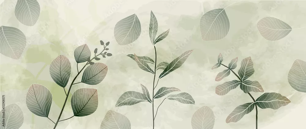 Fototapeta Streszczenie tło wektor botaniczny. Tapeta z roślinami tropikalnymi z liśćmi, gałęziami drzew i liśćmi w ręcznie rysowanym wzorze. Zielony akwarelowy projekt botaniczny na okładki, nadruki, dekoracje ścienne, dekoracyjne.