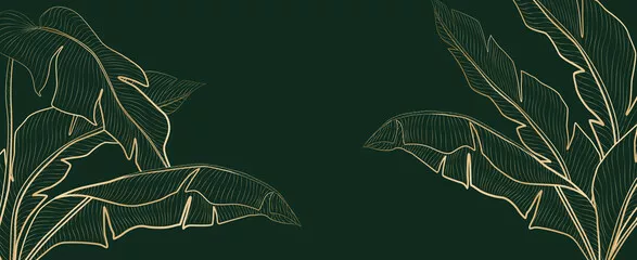 Fototapeta Luksusowe tło artystyczne z tropikalnymi liśćmi w stylu złotej linii. Ręcznie rysowany baner botaniczny do projektowania tapet, druku, dekoracji, zaproszeń.