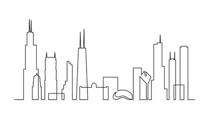 Fototapeta Chicago Skyline w ciągłym stylu rysowania sztuki. CAPESCAP CHICAGO z sylwetkami najsłynniejszych budynków i wież. Czarny liniowy projekt izolowany na białym tle. Ilustracja wektorowa