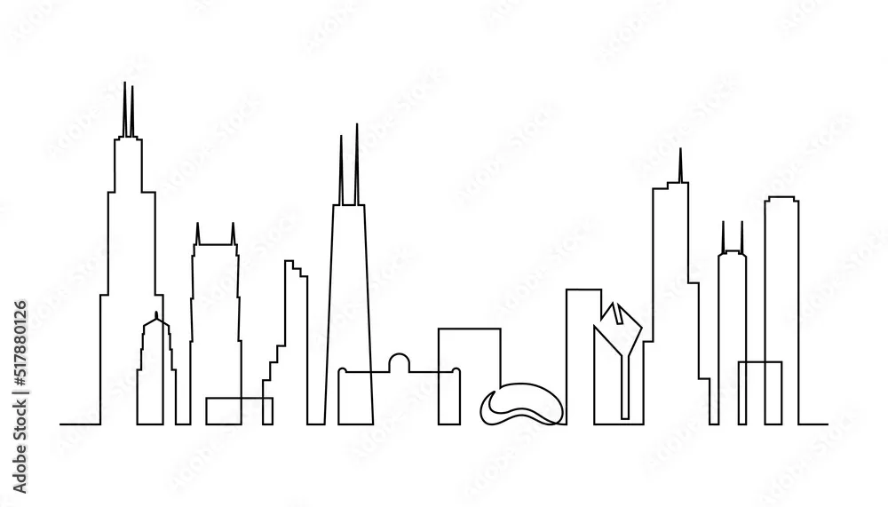 Fototapeta Chicago Skyline w ciągłym stylu rysowania sztuki. CAPESCAP CHICAGO z sylwetkami najsłynniejszych budynków i wież. Czarny liniowy projekt izolowany na białym tle. Ilustracja wektorowa