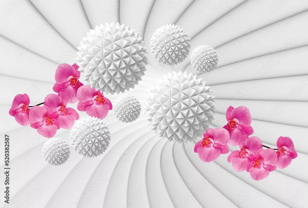 Fototapeta Elegancka Fuzja: Geometryczne Formy i Różowe Orchidee