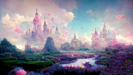 Obraz Ilustracja bajkowego zamku podobnego do snów w pastelowych kolorach, magiczne i mistyczne średniowieczne królestwo, generatywne AI