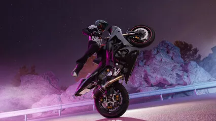 Obraz motocyklisty wykonującego trick na tle nocnego, górzystego krajobrazu – adrenalina i tajemnicza atmosfera