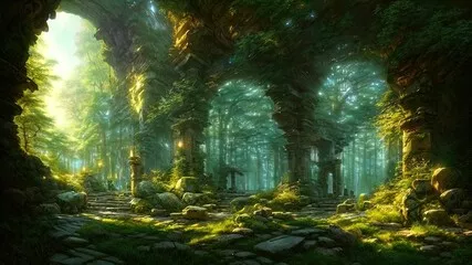Fototapeta Fantasy Forest Landscape z kamiennymi ruinami i dziwaczną roślinnością na pięknym zachodzie. Starożytny kamienny portal fantasy, przejście do nierealnego świata. Zielony gęsty las z promieniami słonecznymi.