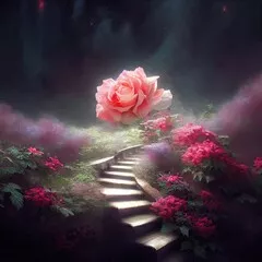 Obraz Fantazja różała się na tle krajobrazu. Bajkowy krajobraz górski z kwiatami. Piękna różowa róża, kwiaty. Fantazyjny ogród kwiatowy, magia. Ilustracja 3D.