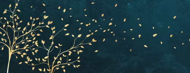 Fototapeta Luksusowe tło artystyczne z drzewem ze złotymi liśćmi w stylu linii artystycznej. Ręcznie rysowany baner botaniczny do projektowania tapet, druku, tekstyliów, dekoracji, tkanin, opakowań, zaproszeń.