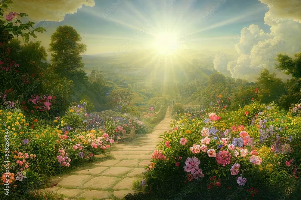 Fototapeta Ilustracja ogrodowa krajobraz sztuka ścieżka niebo grafika raj światło słoneczne
kwiaty natura tło niebo chmury wiara religia dream