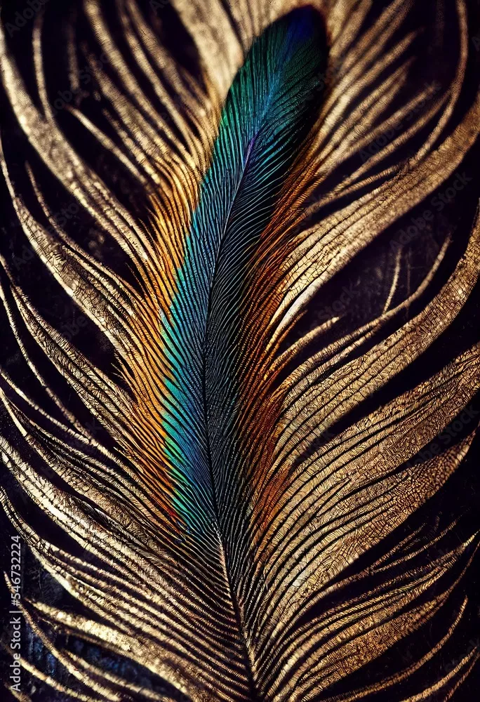 Obraz artystyczne pióro pawia w złotych odcieniach – elegancja i kolor