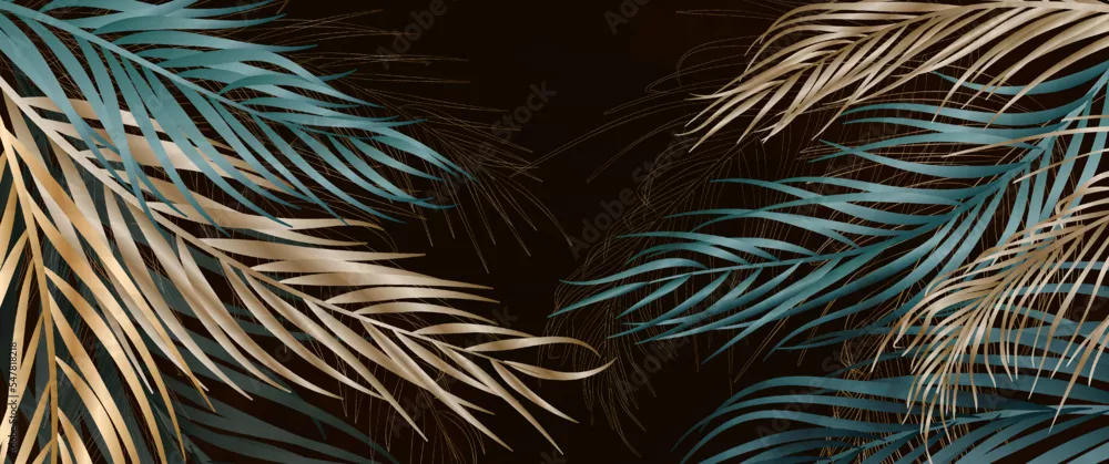 Fototapeta Abstrakcyjne tło luksusowej sztuki z tropikalnymi liśćmi palmowymi w kolorze zielonym i złotym. Ręcznie rysowany baner botaniczny do dekoracji, druku, tekstyliów, tapet, wystroju wnętrz, opakowań.