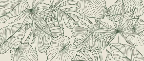 Fototapeta Wektor tła liści tropikalnych. Eleganckie, ręcznie rysowane tropikalne monstera i liście palmowe tło grafiki liniowej. Ilustracja projektowa do dekoracji, dekoracji ściennych, tapety, okładki, banera, plakatu, karty.
