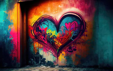 Fototapeta Kolorowe serce graffiti na ścianie jako ilustracja symboli miłości (generatywna AI)