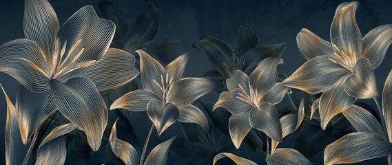 Fototapeta Abstrakcyjne ciemne tło z kwiatami lilii w stylu złotej linii. Ręcznie rysowany baner botaniczny do dekoracji, druku, tekstyliów, tapet, wystroju wnętrz.