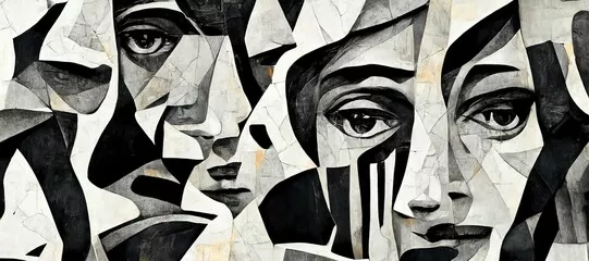 Obraz czarno-biały portret, abstrakcyjna kompozycja w stylu kubistycznym