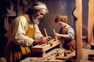 Fototapeta Święty Józef z Nazaretu uczy Jezusa Chrystusa o stolarstwie. Dzień Ojca. Saint Joseph, pracownik.