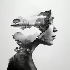 Obraz Abstrakcyjna sylwetka kobiecej twarzy. Efekt atramentu Tropikalne tło. Ilustracja podwójnej ekspozycji. Twarz kobiety i piękny naturalny krajobraz wewnątrz wykonany za pomocą generatywnej sztucznej inteligencji