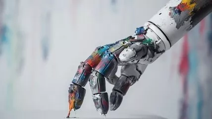Obraz zbliżenie dłoni robota z kolorowymi plamami farby