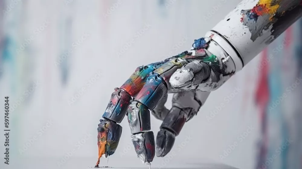 Obraz zbliżenie dłoni robota z kolorowymi plamami farby