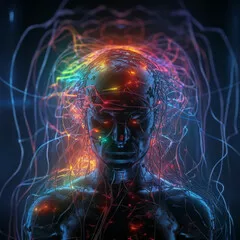 Obraz Ludzka głowa z wieloma liniami drutu kabla elektrycznego i kropkami, streszczenie cybernetyki, grafika cyberbezpieczeństwa, generatywna sztuczna inteligencja