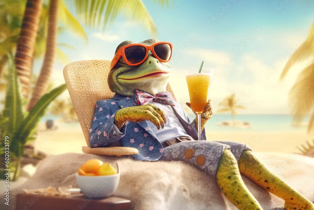 Fototapeta turysta-żaba relaksujący się na wakacjach na plaży w tropikalnym kurorcie, zabawna koncepcja wakacji, generatywna sztuczna inteligencja