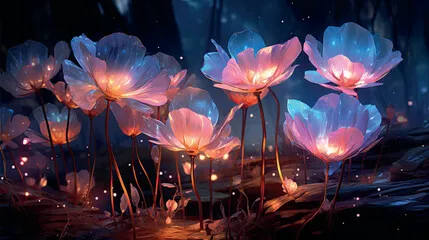 Obraz Surrealistyczna nocna dżungla z luminescencyjnymi roślinami i kwiatami. Cudowne, magiczne, bioluminescencyjne kwiaty fantasy. Renderowanie 3D. Tapeta 3D kwiaty świecące w ciemności. Tło kwiatowe.