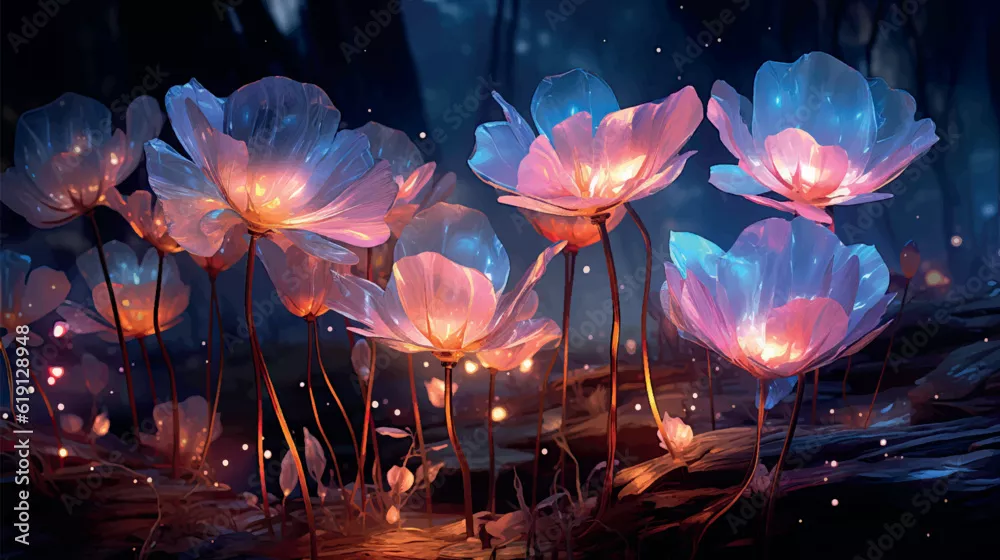 Obraz Surrealistyczna nocna dżungla z luminescencyjnymi roślinami i kwiatami. Cudowne, magiczne, bioluminescencyjne kwiaty fantasy. Renderowanie 3D. Tapeta 3D kwiaty świecące w ciemności. Tło kwiatowe.