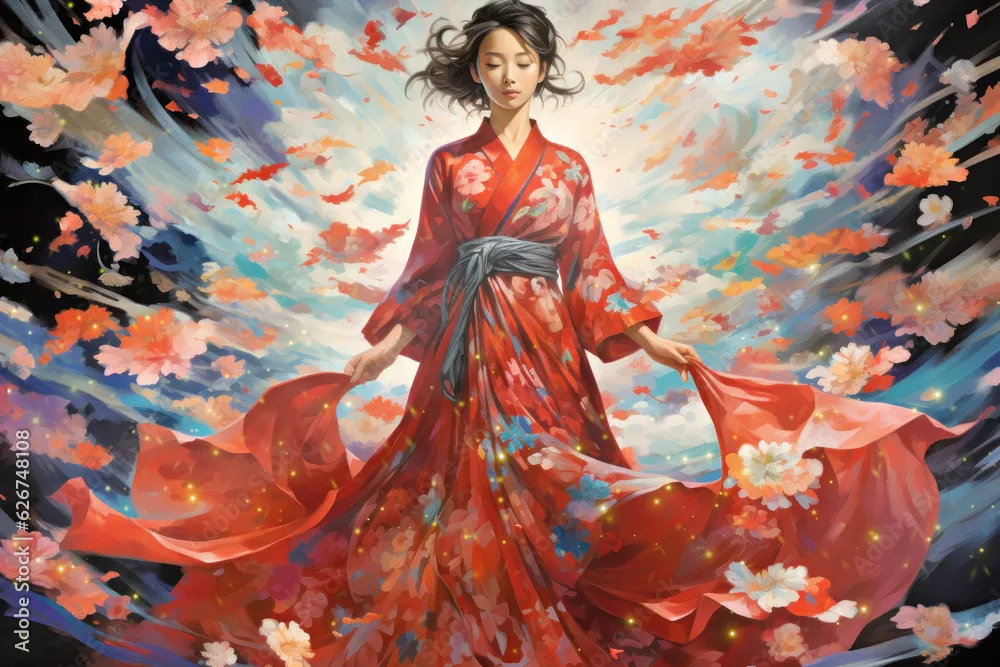Obraz elegancka kobieta w tradycyjnym japońskim stroju, kimono