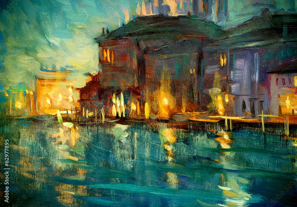 Fototapeta nocny pejzaż do Wenecji, malarstwo olejne na sklejce, ilustrator