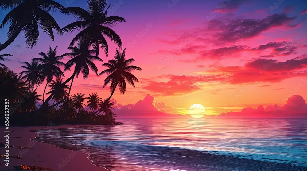 Fototapeta Wspaniały tropikalny zachód słońca nad plażą z sylwetkami palm Idealny na letnie podróże i wakacje