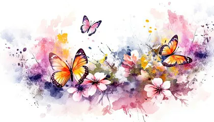 Obraz Kolorowy ogród: ilustracja sztuki cyfrowej, kwiaty i motyle, abstrakcyjne tło akwarelowe, motyle i kwiaty