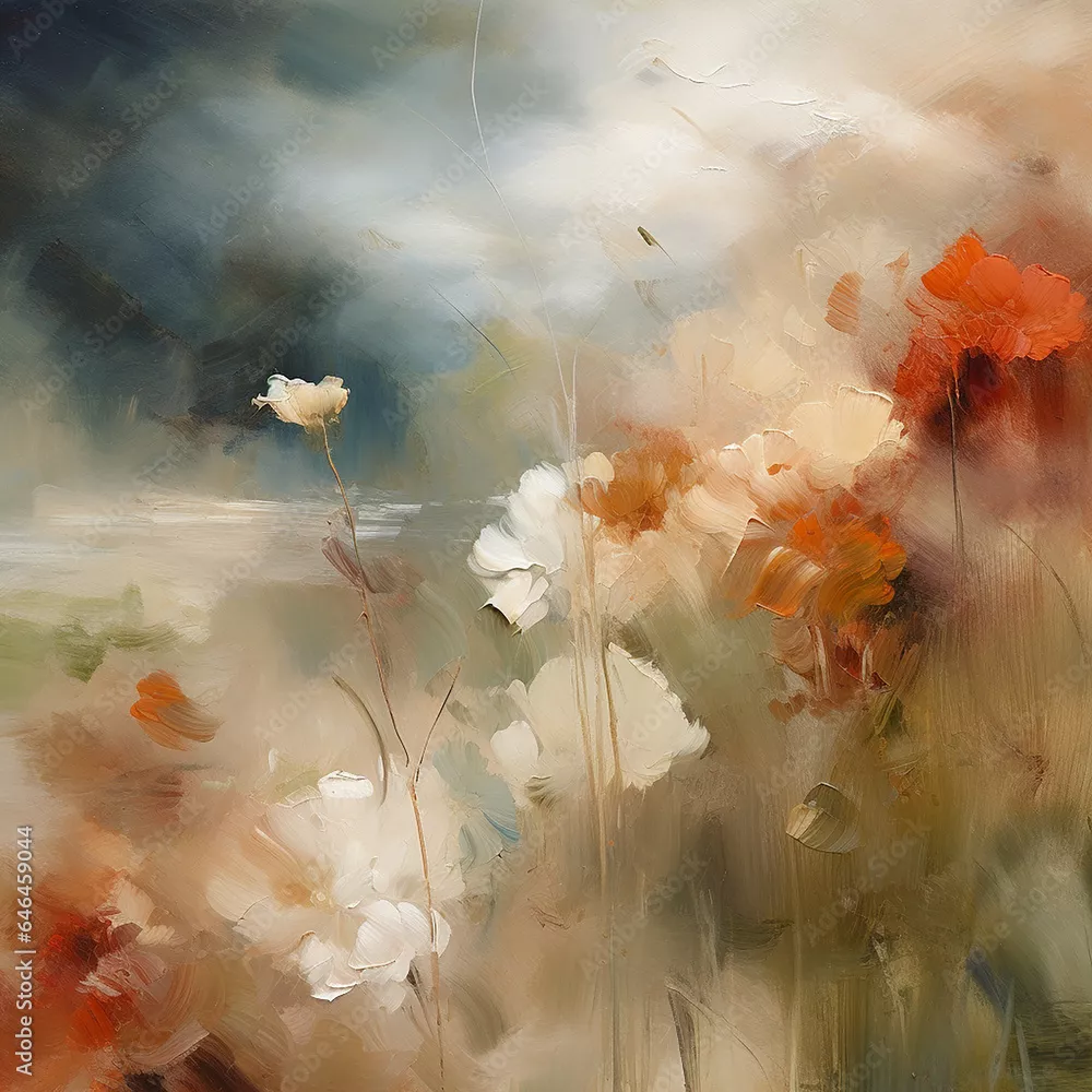 Obraz „Symfonia kwiatowa – abstrakcyjny obraz olejny przedstawiający kwiaty, liście i trawę”