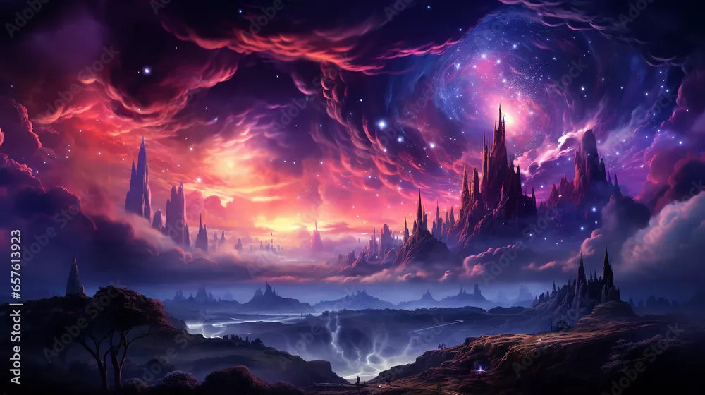 Fototapeta widok pałacu świata fantasy na psychodeliczne, zadymione chmury i gwiazdy, piękny kolorowy obraz generatywny AI