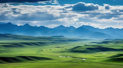Fototapeta Ogromny krajobraz Vista Plateau, dużej górskiej doliny stepowej i letniej pastwiska 100 km od Almaty, Kazachstan.