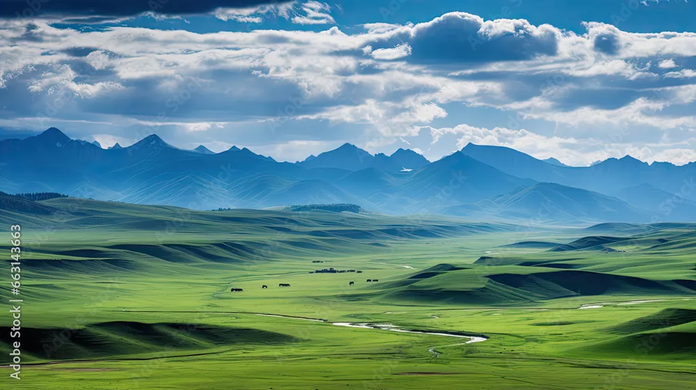 Fototapeta Ogromny krajobraz Vista Plateau, dużej górskiej doliny stepowej i letniej pastwiska 100 km od Almaty, Kazachstan.