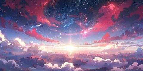 Fototapeta Kolorowe gwiaździste niebo z tłem zachodu słońca w stylu Anime