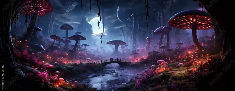 Fototapeta Mistyczny las ze świecącymi grzybami, księżycową nocą i eteryczną atmosferą, idealny do projektów o tematyce fantasy.