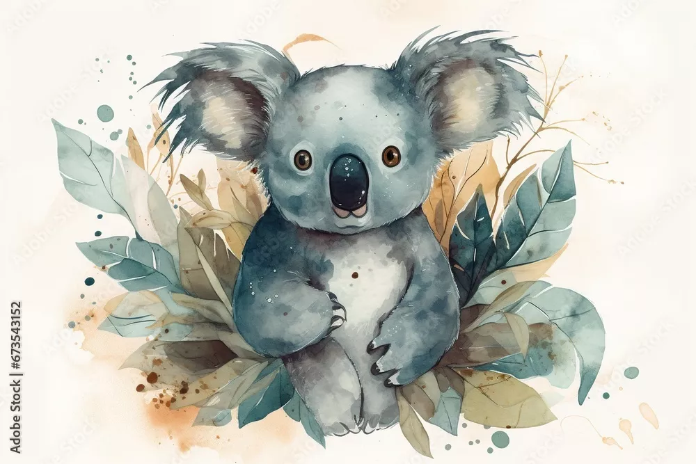 Fototapeta Śliczna koala na akwarelowej ilustracji, koncepcja akwarelowej sztuki dzikiej przyrody