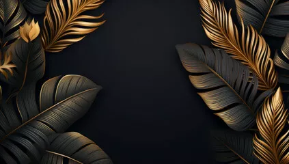 Fototapeta Złote i czarne liście tropikalne wzór na ciemnym tle: egzotyczny projekt botaniczny. Piękna luksusowa ciemnoniebieska teksturowana ramka ze złotymi i niebieskimi liśćmi tropikalnymi
