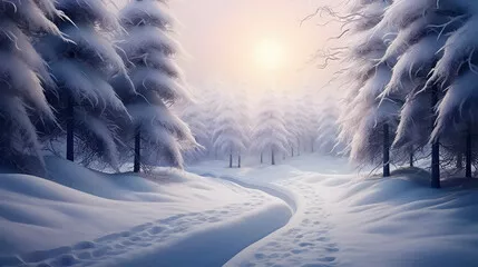 Fototapeta Cyfrowy obraz olejny przedstawiający przesilenie zimowe w odizolowanym śnieżnym lesie po opadach śniegu. Pięknie naturalna scena zimowa, drzewa zamieci, śnieg