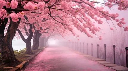 Fototapeta Blooming Cherry Blossom Urban Landscape. Mglista uliczka z spadającymi płatkami. Ilustracja wygenerowała AI.