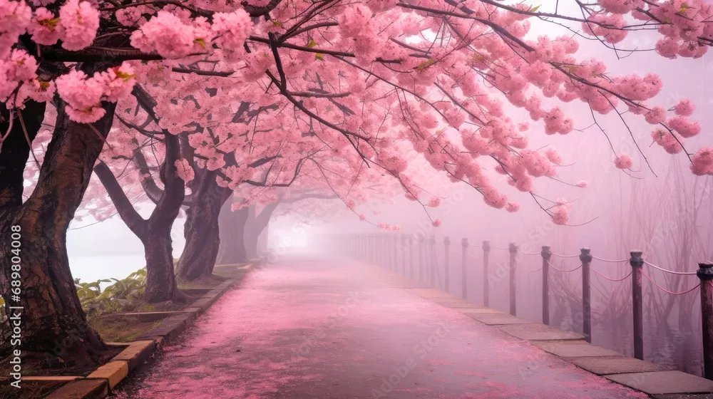 Fototapeta Blooming Cherry Blossom Urban Landscape. Mglista uliczka z spadającymi płatkami. Ilustracja wygenerowała AI.