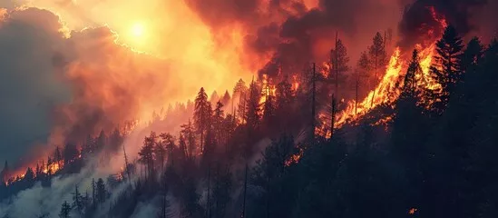 Fototapeta Aerial View Forest Fire na zboczach wzgórz i gór duże płomienie z letniego pożaru lasu letniego pożary dymu z pożaru lasu zaciemnia klęski żywiołowe słońca. Kreatywny sztandar