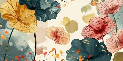 Fototapeta Tło azjatyckie, orientalny styl japoński i chiński abstrakcyjny wzór tła z kwiatami botanicznymi ozdobionymi akwarelą