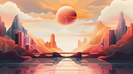 Obraz Abstrakcja geometryczna ilustracja futurystycznego miasta przyszłości o zachodzie słońca. Koncepcja niezwykłej utopii lub alternatywnej rzeczywistości