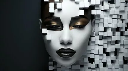 Fototapeta Abstrakcyjny portret kobiety z elementami 3D. Mistyczny czarno-biało-złoty obraz kobiecej twarzy