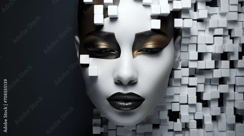 Fototapeta Abstrakcyjny portret kobiety z elementami 3D. Mistyczny czarno-biało-złoty obraz kobiecej twarzy