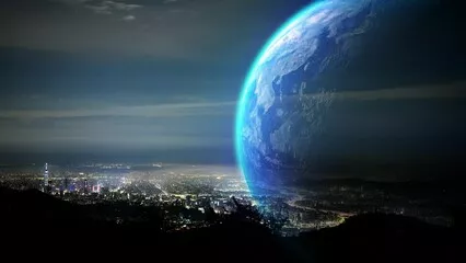 Fototapeta Dynamika chmur na nocnym niebie miejskim. Ziemia zmienia się z dnia w noc. Tajpej to miasto pełne ruchu i jasnych świateł. Tajwan